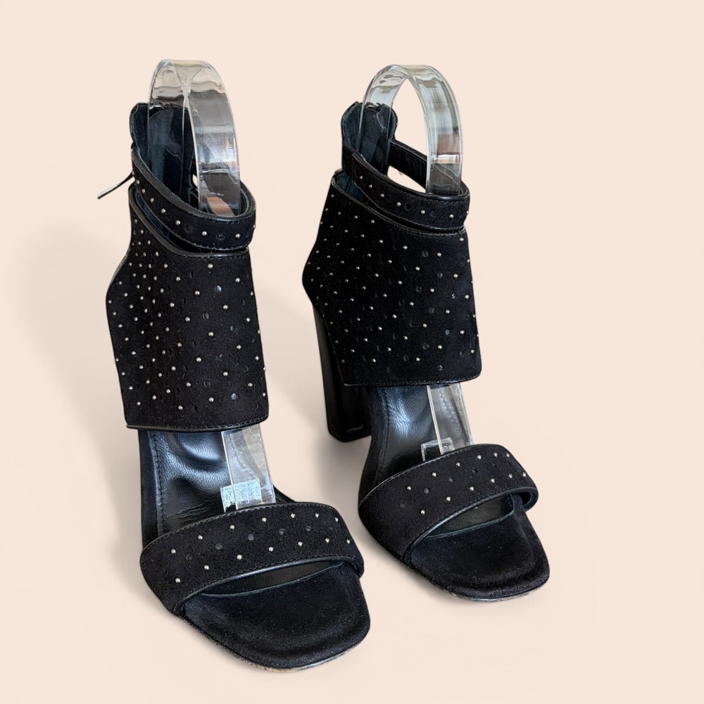 Studded Italian Black Suede High Heel Bootie Sandals - Women